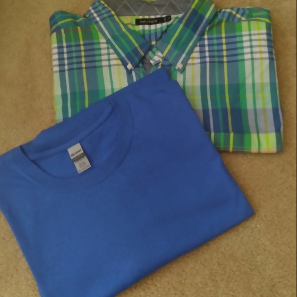 Lot of 2 Nautica NWT Green‎ Plaid Camp Shirt and Gildan Men's Royal Blue Tee 5XL